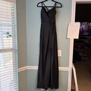 Revelry Black Strappy Maxi Dress button front detail bridesmaid formal satin 2